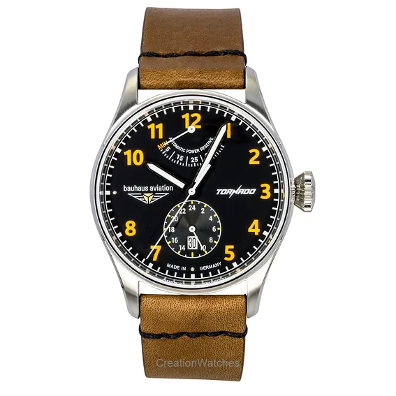 Bauhaus Aviation Tornado Leather Strap Black Dial Automatic 27905 Men's Watch