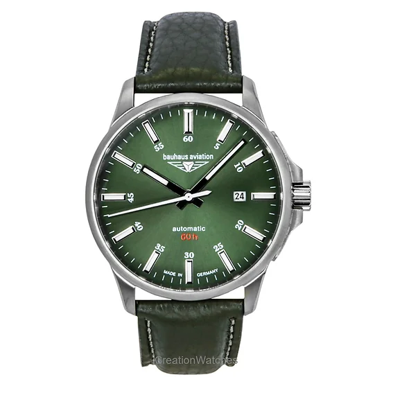 Bauhaus Aviation Leather Strap Dark Green Dial Automatic 28644 100M Men's Watch