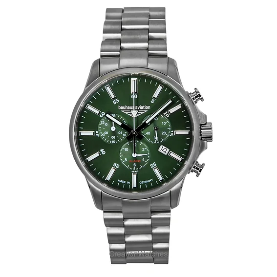 Bauhaus Aviation Chronograph Titanium Green Dial Quartz 2880M4 100M Men's Watch