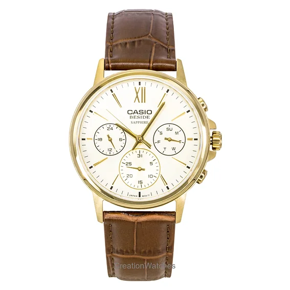 Casio Beside Analog Leather Strap Gold Dial Quartz BMS-300GL-5AV Men's Watch