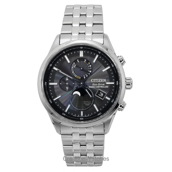 Citizen Eco-Drive Funkuhr mit Mondphase, Edelstahl, schwarzes Zifferblatt, BY1030-50E, 100 m, Herrenuhr