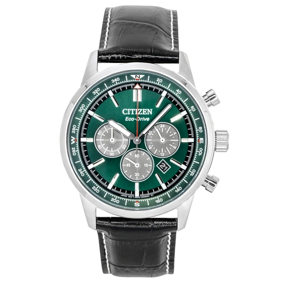 Citizen Eco-Drive Chronograph Leather Strap Green Dial CA4720-01X 100M Men's Watch