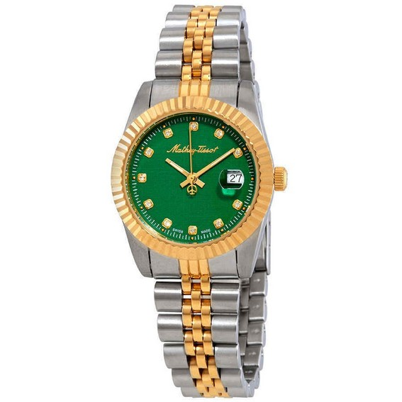 Damski zegarek Mathey-Tissot Mathy III Dwukolorowy zegarek ze stali nierdzewnej z zieloną tarczą Kwarcowy D810BV