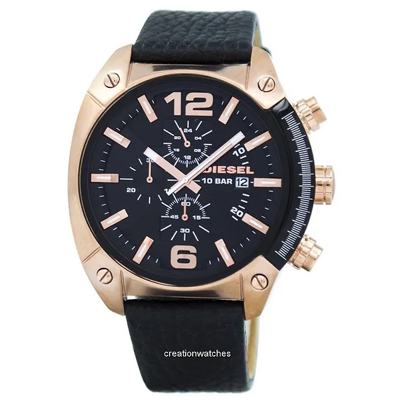 Diesel Overflow Chronograph Black Dial Black Leather DZ4297 Men's Watch
