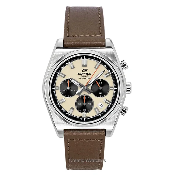 Casio Edifice Analog Standard Chronograph Leather Strap Ivory Dial Quartz EFB-730L-7AV 100M Men's Watch