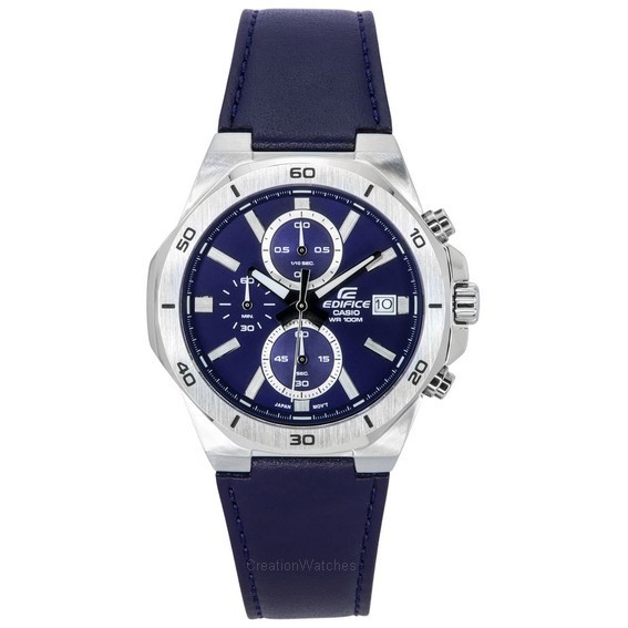 卡西歐大廈標準計時碼表皮革錶帶藍色錶盤石英 EFV-640L-2A 100M 男士手錶