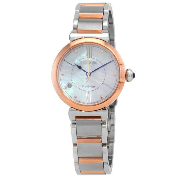 公民 L 系列鑽石口音兩色不銹鋼珍珠母貝錶盤生態驅動 EM1074-82D 女士手錶