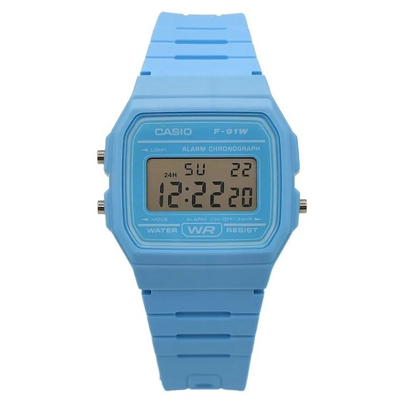 卡西歐數位藍色樹脂錶帶石英 F-91WC-2A 男女通用手錶