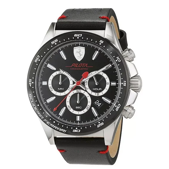 Ferrari Scuderia Pilota Black Dial Leather Strap Quartz 0830389 Men's Watch