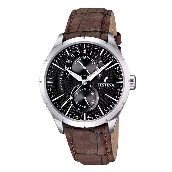 Festina Retro Leather Strap Multifunction Black Dial Quartz F16573-4 Men's Watch