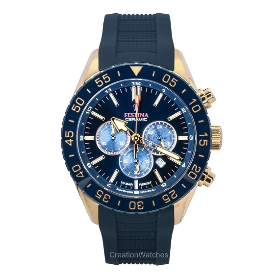 Festina Ceramic Chronograph Rubber Strap Blue Dial Quartz F20516-1 100M Men's Watch