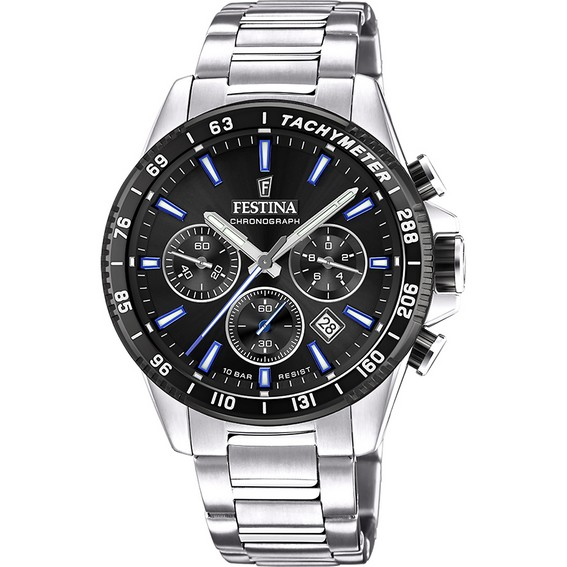 Festina Timeless Chronograph Aço Inoxidável Mostrador Preto Quartzo F20560-5 100M Relógio Masculino