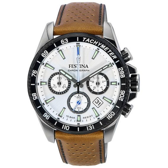 Festina 永恆計時碼表皮革錶帶白色錶盤 F20561-1 F205611 100M 男士手錶 zh-CHS