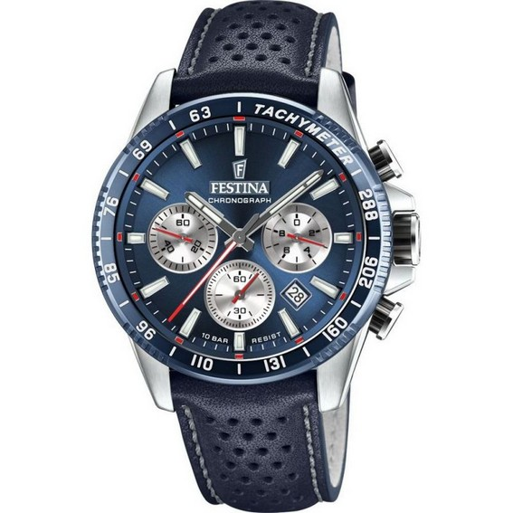 Montre pour homme Festina Timeless Chronographe Bracelet en cuir Cadran bleu Quartz F20561-2 100M