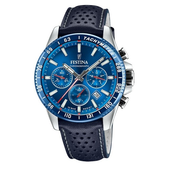 Festina Timeless Chronograph Pulseira de couro Mostrador azul Quartzo F20561-3 100M Relógio masculino