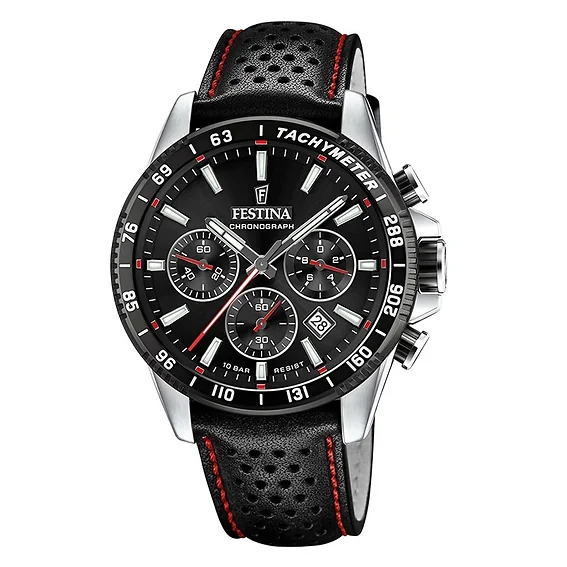 Festina Timeless Chronograph Leather Strap Black Dial Quartz F20561-4 100M Men's Watch