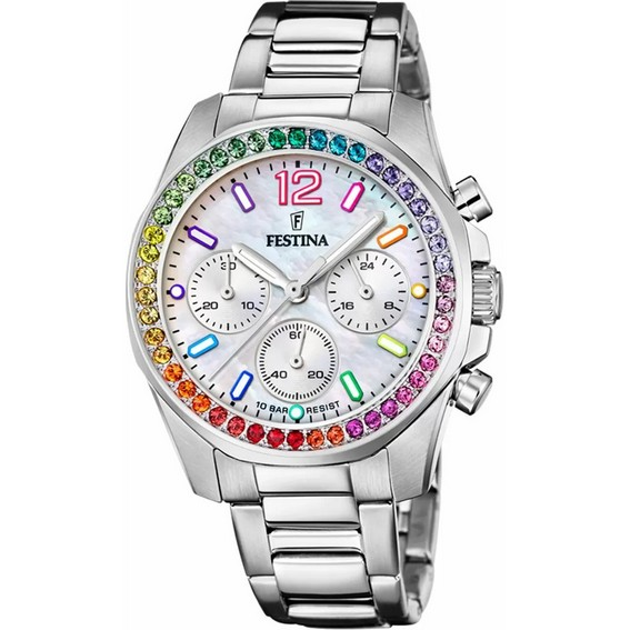 Festina Rainbow Chronograf Ze Stali Nierdzewnej Kryształowe Akcenty Srebrna Tarcza Kwarcowy F20606-2 100M Zegarek Damski