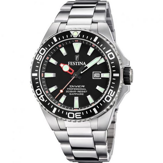 Festina Diver Edelstahl schwarzes Zifferblatt Quarz F20663-3 200M Herrenuhr