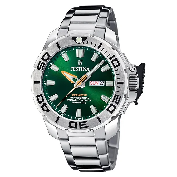 Festina Diver Stainless Steel Green Dial Quartz F20665-2 200M Men's Watch With Extra Strap