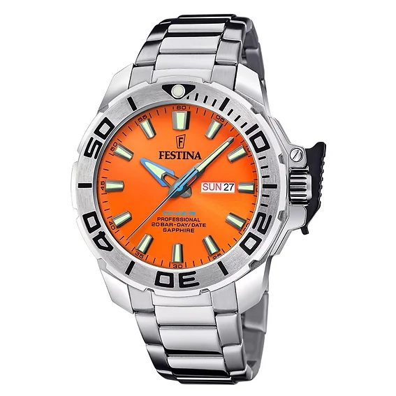 Festina The originals Stainless Steel Orange Dial Quartz Diver's F20665-5 200M Men's Watch