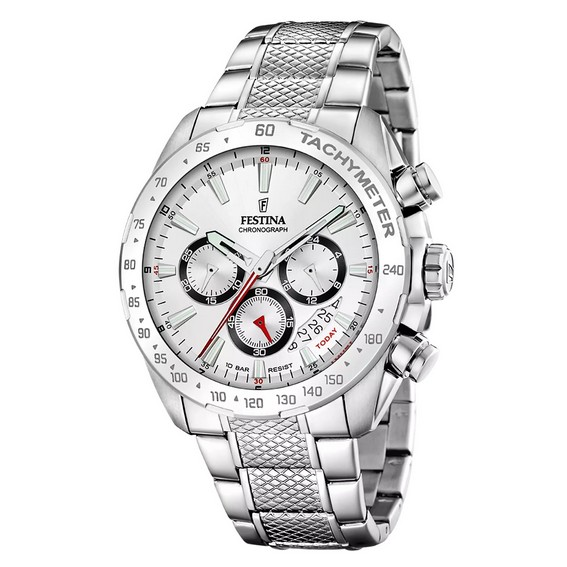 Festina Timeless Chronograph из нержавеющей стали с белым циферблатом, кварцевые часы F20668-1 100M для мужчин