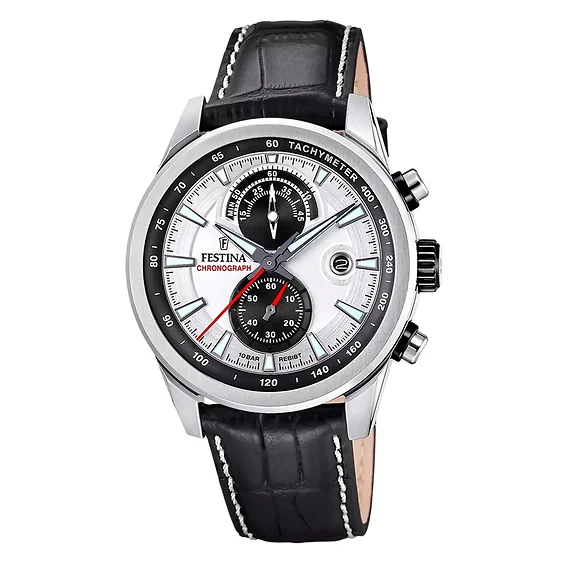 Festina Timeless Chronograph Leather Strap Silver Dial Quartz F20695-1 100M Men's Watch