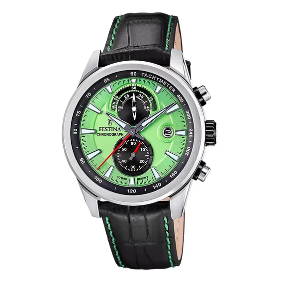 Festina Timeless Chronograph Leather Strap Green Dial Quartz F20695-3 100M Men's Watch