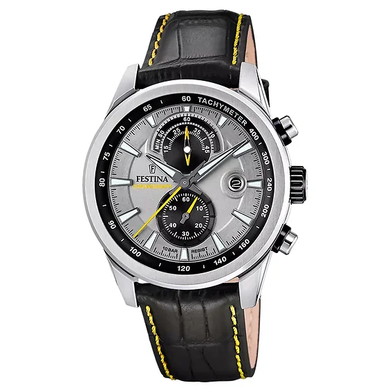 Festina Timeless Chronograph Leather Strap Grey Dial Quartz F20695-4 100M Men's Watch