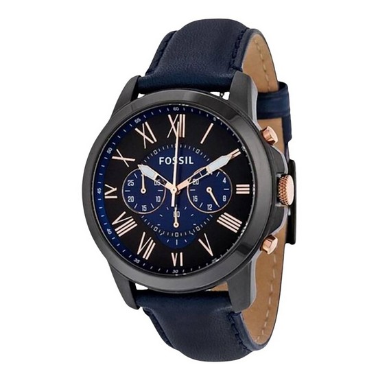 นาฬิกาข้อมือผู้ชาย Fossil Grant Chronograph Black and Blue Dial Blue Leather FS5061