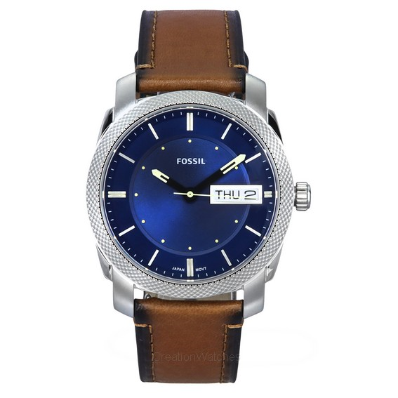 Montre homme Fossil Machine avec bracelet en cuir marron et cadran bleu FS5920 à quartz