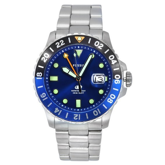 Fossil Blue GMT Stainless Steel Blue Dial Quartz FS5991 100M นาฬิกาผู้ชาย