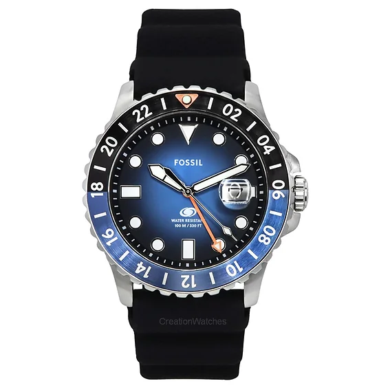 Fossil Blue GMT Silicone Strap Black And Blue Sunray Dial Quartz FS6049 100M Men's Watch