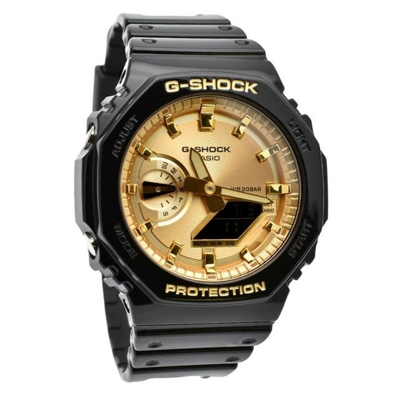 卡西歐 G-Shock 類比數位黑色和金色樹脂錶帶石英 GA-2100GB-1A 200M 男士手錶