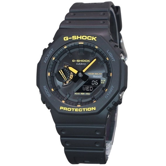 Relógio masculino Casio G-Shock Caution amarelo link móvel analógico digital resina mostrador preto solar GA-B2100CY-1A 200M