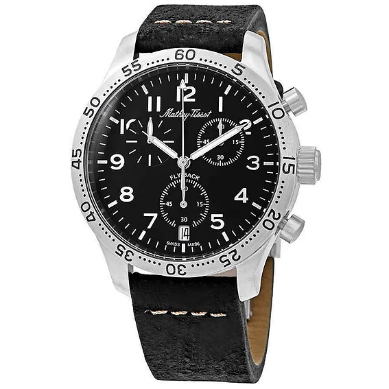 Mathey-Tissot Type 21 Flyback Chronograph Leather Strap Black Dial Quartz H1821CHALNG Men's Watch