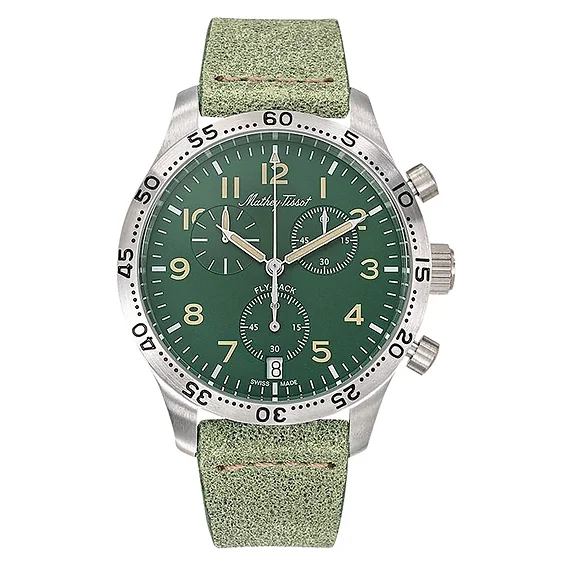 Mathey-Tissot Type 21 Flyback Chronograph Leather Strap Green Dial Quartz H1821CHALV Men's Watch