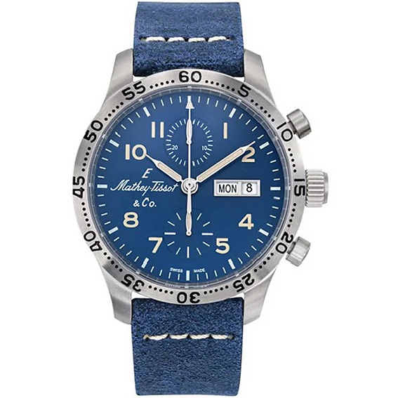 Mathey-Tissot Type 21 Chronograph Genuine Leather Blue Dial Automatic H1821CHATBUO Men's Watch With Gift Set