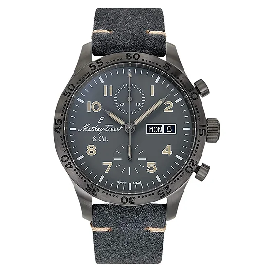 Mathey-Tissot Type 21 Chrono Leather Strap Black Dial Automatic H1821CHTLGO Men's Watch