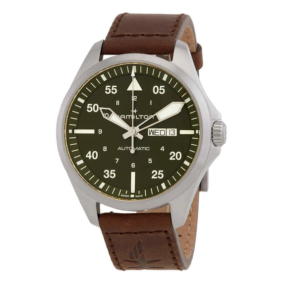 Hamilton Khaki Aviation Pilot Leather Strap Green Dial Automatic H64635560 100M Men's Watch