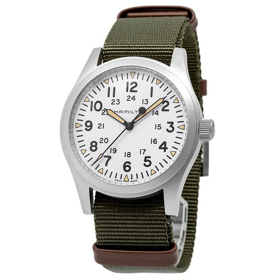 Relógio masculino Hamilton Khaki Field pulseira de nylon com mostrador branco mecânico H69529913