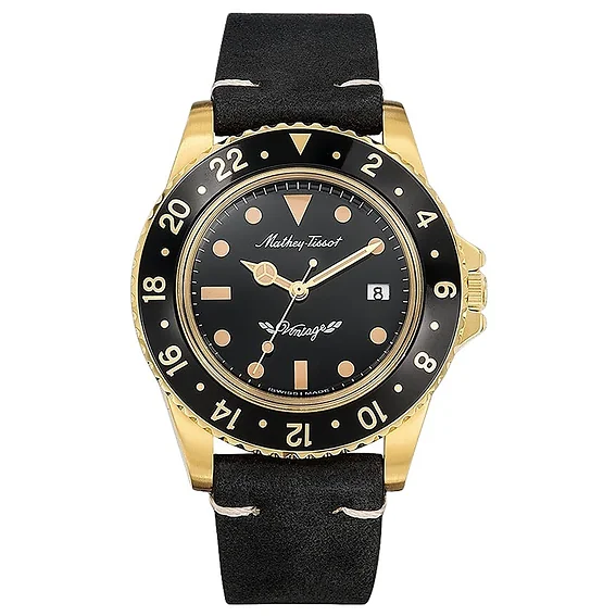 Mathey-Tissot Mathy Vintage Leather Strap Black Dial Quartz H900PLN Men's Watch