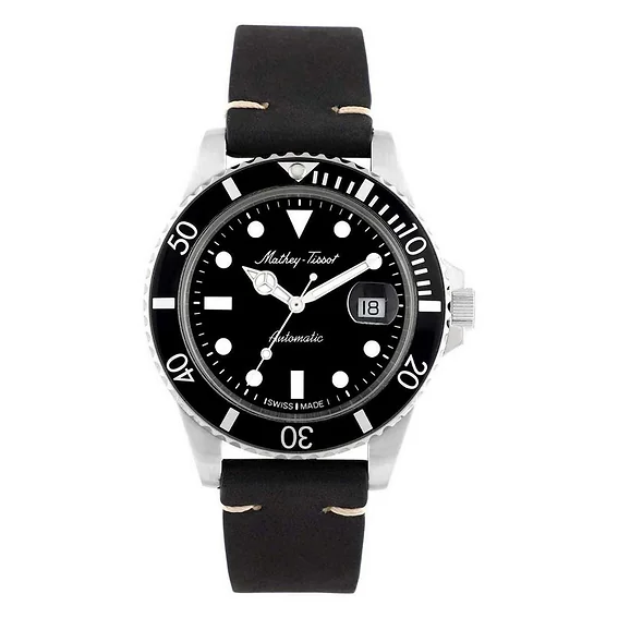 Mathey-Tissot Mathy Vintage Genuine Leather Strap Black Dial Automatic H901ATLN 100M Men's Watch