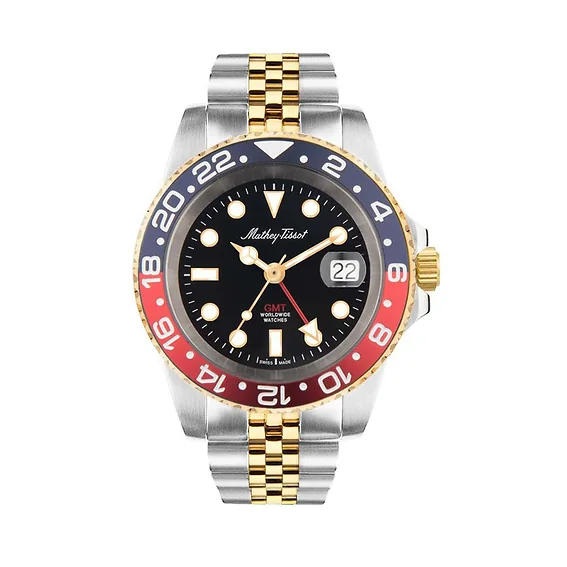 Mathey-Tissot Rolly Mathy Vintage GMT Two Tone Stainless Steel Black Dial Quartz H903BBR 100M Men's Watch