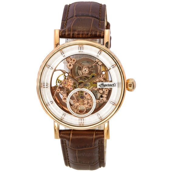 Relógio masculino Ingersoll The Herald com pulseira de couro ouro rosa mostrador esqueleto automático I00401B