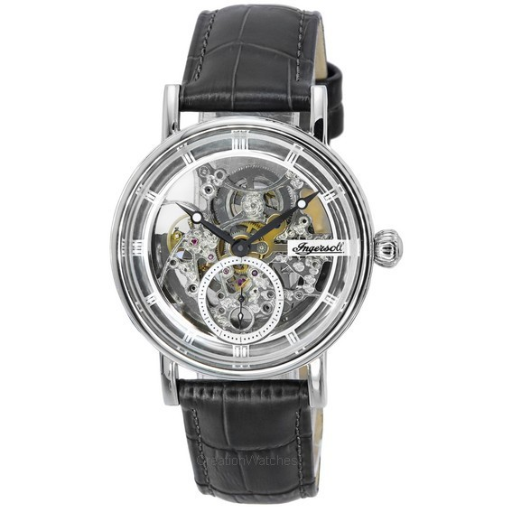 Relógio masculino Ingersoll The Herald pulseira de couro prata com mostrador esqueleto automático I00402B