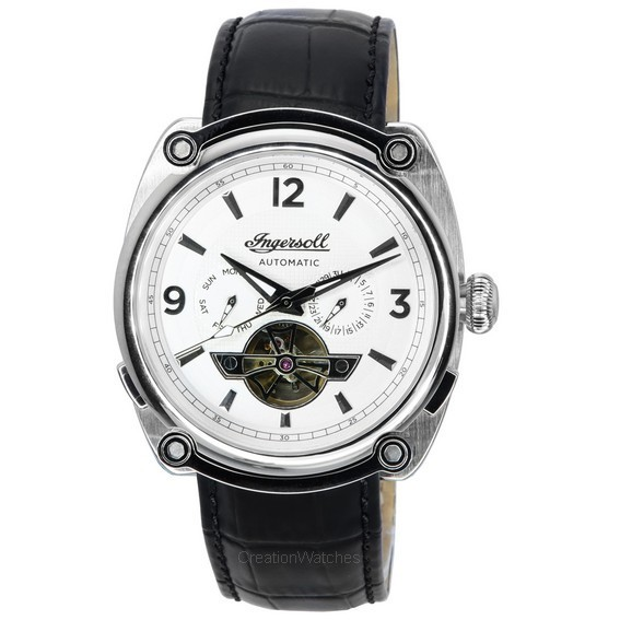 Ingersoll The Michigan Pulseira de couro prata coração aberto mostrador automático I01105 relógio masculino
