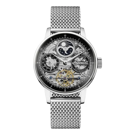 Ingersoll The Jazz Sun And Moon Phase Stainless Steel Skeleton Black Dial Automatic I07708 Men's Watch