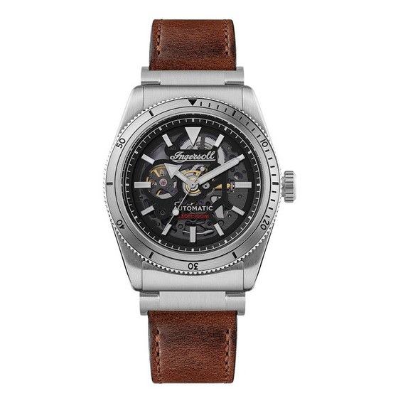 Ingersoll Scovill 棕色皮革錶帶黑色骨架錶盤自動 I13901 100M 男士手錶