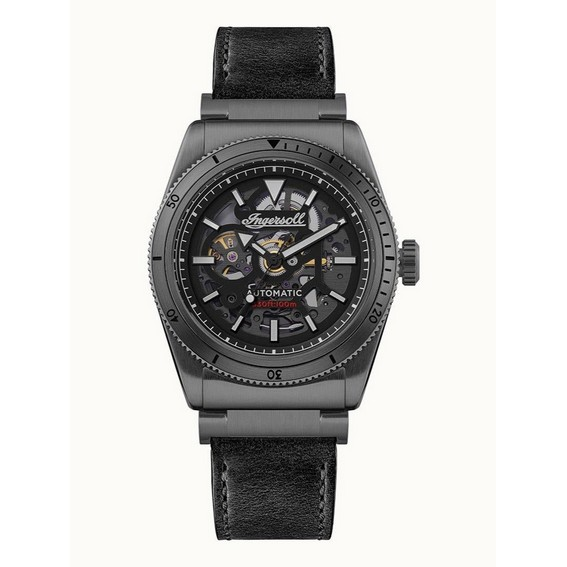 Ingersoll The Scovill Автоматические мужские часы с черным кожаным ремешком и черным скелетонизированным циферблатом I13902 100M