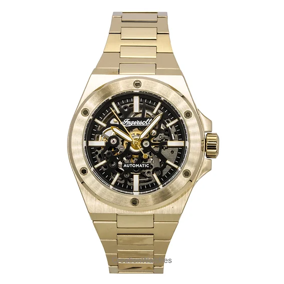Ingersoll The Baller Gold Tone Stainless Steel Black Skeleton Dial Automatic I15001 Men's Watch